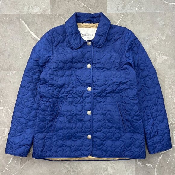 Coach Jacket Womens Large Quilted Light Weight Blue Snap Button Collared - Picture 1 of 10